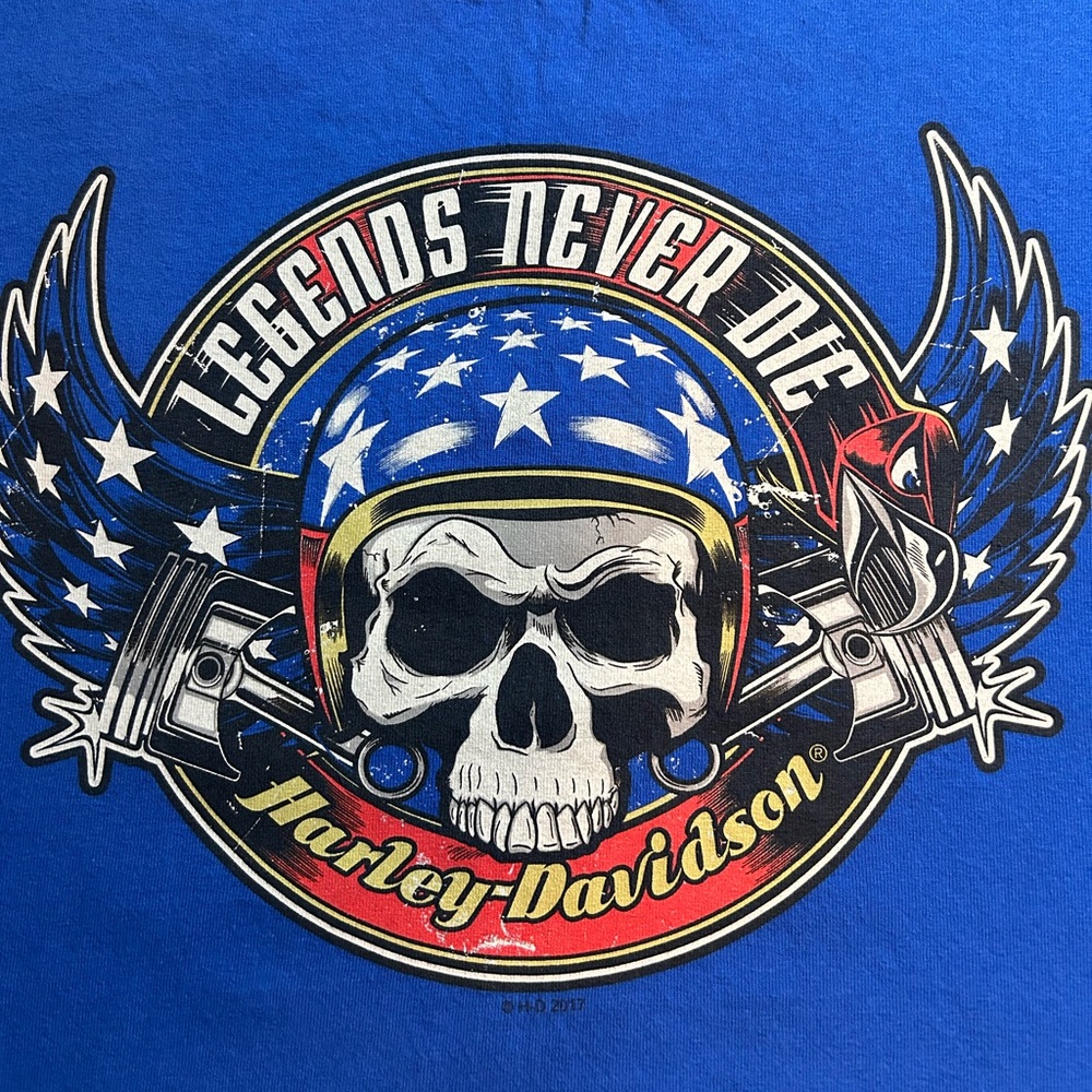 Harley Davidson Legends never die Savannah Ga Graphic Tee Blue